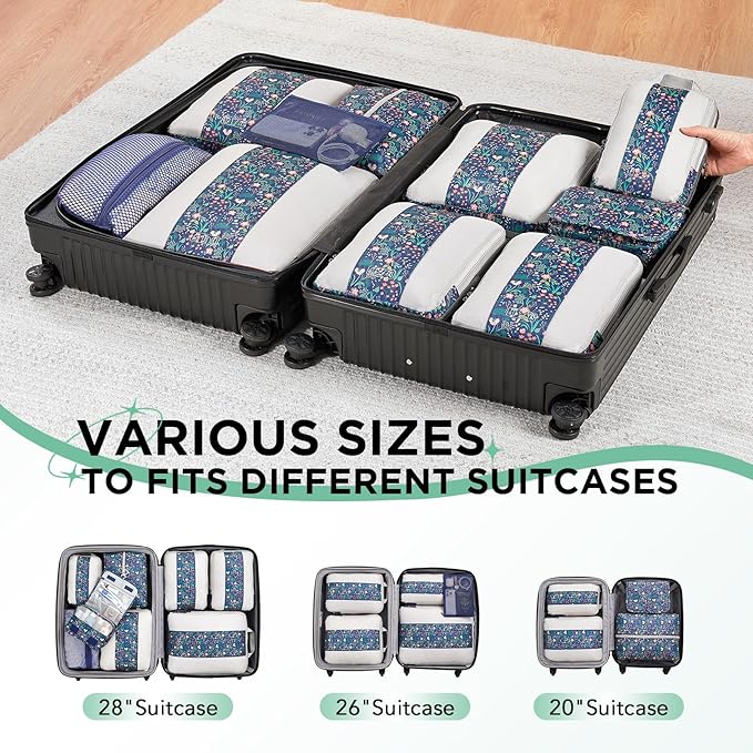 10 Set Compression Packing Cubes for Travel Essentials,Compressible Expandable Packing Cubes for Suitcase,OlarHike Luggage Organizer Bags,Handy Helper for Organizing Clothes(Dark Blue Floral)