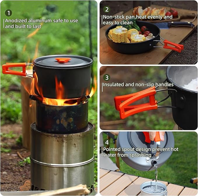 aiGear 3pcs Camping Cookware Mess Kit, Non-Stick Camping Pan Pot Kettle, Lightweight Aluminum, Collapsible Portable Camping Cooking Set for Outdoor Cooking Hiking Picnic