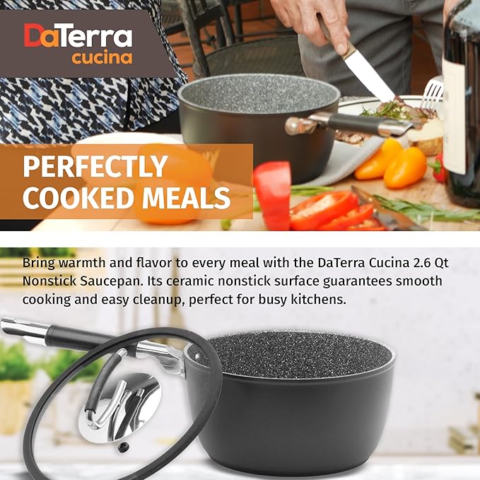 DaTerra Cucina - 2.6 Qt Nonstick Ceramic Saucepan with Lid – Induction Compatible Cooking Pot, Nonstick Ceramic Sauce Pan for Soup, Pasta, Milk, and More, Medium Size for Kitchen, Oven Safe