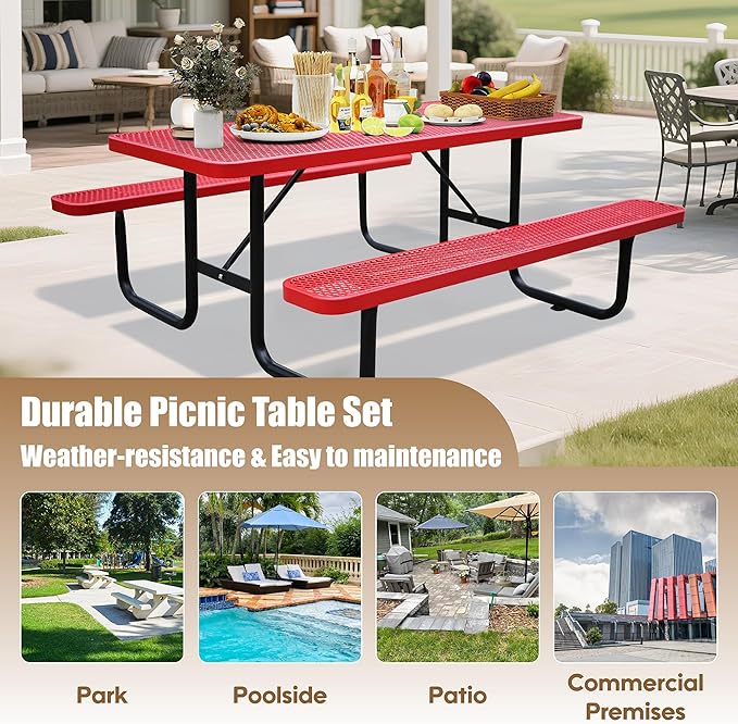 6FT Metal Picnic Tables for Outdoors, Commercial Rectangular Picnic Table and Bench Set for Outside, Patio, Garden, Backyard, Porch, Surface Mount, Red