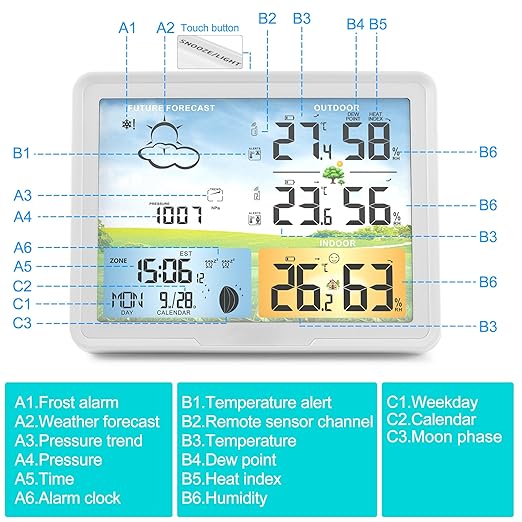 Home Weather Stations Wireless Indoor Outdoor Thermometer, Portable Digital Weather Clock Atomic, Bluetooth Color Forecast Station, Inside Outside Weather Monitor with Alarm(2 Sensors)
