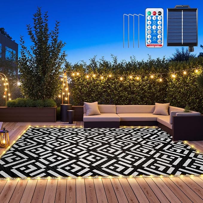 8x10Ft Outdoor Rug, Solar Powered Outdoor Camping Rug with 113LEDs Light Strip, Waterproof Plastic Straw Rug Reversible, Rug Mat for House Deck RV Camping Patio Picnic Beach Balcony (Black White)