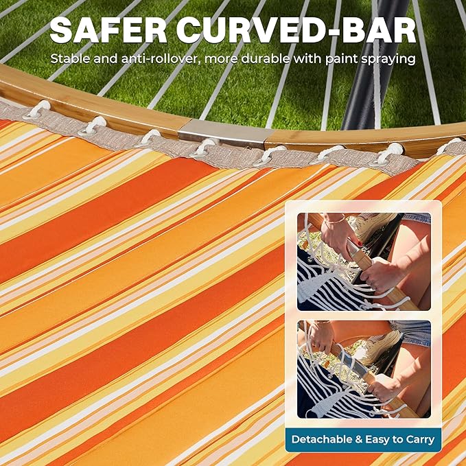 SUPERJARE Hammock with Stand, 2 Person Heavy Duty Hammock with Padded Cotton, Detachable Pillow & Strong Curved-Bar & Portable Carrying Bag, Perfect for Outdoor & Indoor - Tangerine