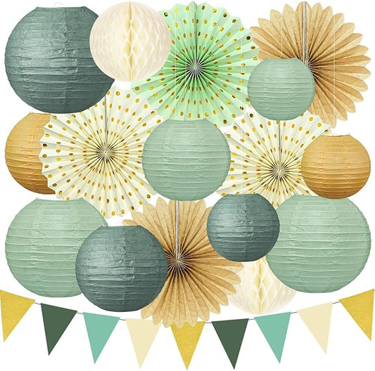 17Pcs Sage Green Party Decorations, Sage Green Gold Cream Paper Lanterns Paper Fans for Baby Shower Birthday Wedding Engagement Bridal Shower Party Decorations