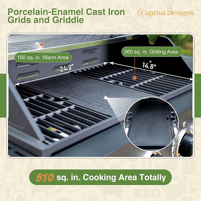 Captiva Designs 4-Burner Propane Gas BBQ Grill with Side Burner & Porcelain-Enameled Cast Iron Grates, 46,700 BTU Output for Outdoor Cooking Kitchen and Patio Backyard Barbecue, Black