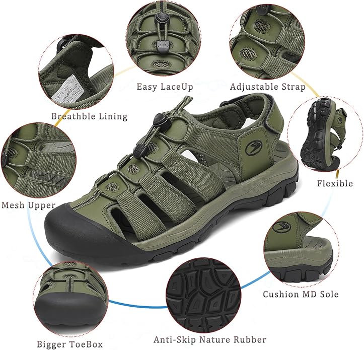 FLARUT Men's Athletic Sandals - Closed Toe Sport Hiking & Outdoor Walking Water Sandals with Anti-Slip Cushioning and Breathable Mesh