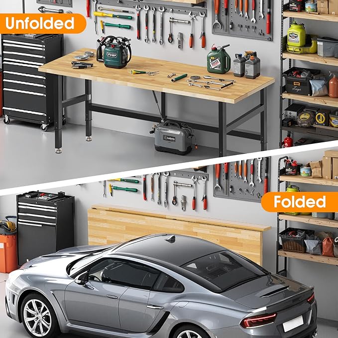 72” Folding Workbench, 3000 LBS Capacity Heavy Duty Workbench, Height Adjustable Foldable Work Table, Rubberwood Collapsible Desk for Workshop, Garage, Office, Home