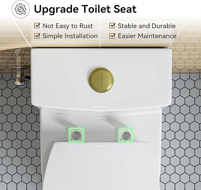 HOROW T0338WG One Piece Toilet with Gold Button, Elongated Toilet with Comfort Seat Height, ADA Chair Height 17.3", Dual Flush 0.8/1.28 GPF & MAP 1000g, Standard White Toilet Bowl, Gold Tank Button