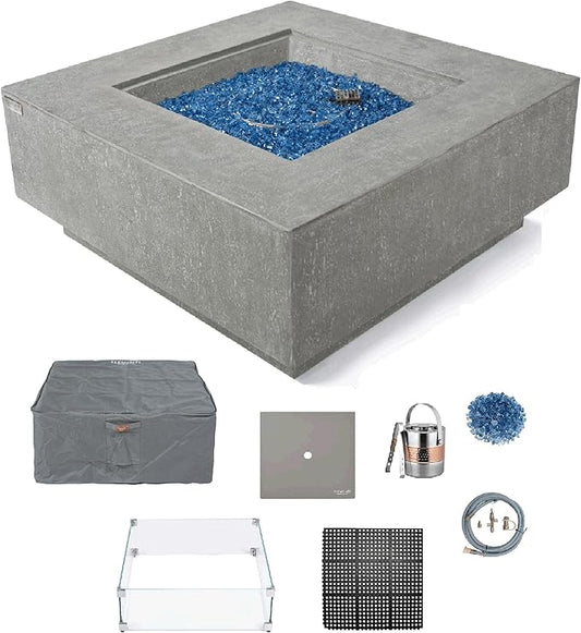 Elementi+ | Bundle Victoria Gas Fire Pit Cast Concrete 40" Square Fire Table, Outdoor Fire Pit Electronic Ignition | Canvas Cover, Fire Glass and Burner Lid Included | Light Gray | Natural Gas