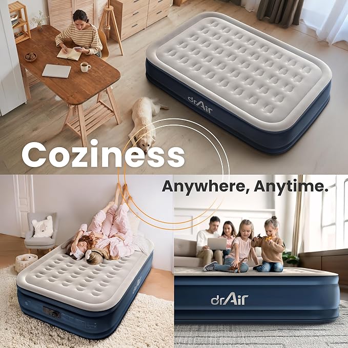Queen Air Mattress, 18” Raised Inflatable Bed with Built-in Pump, Waterproof Velvety Top, Ergonomic Design, Reinforced Support, and Carry Bag for Home, Camping, and Guests