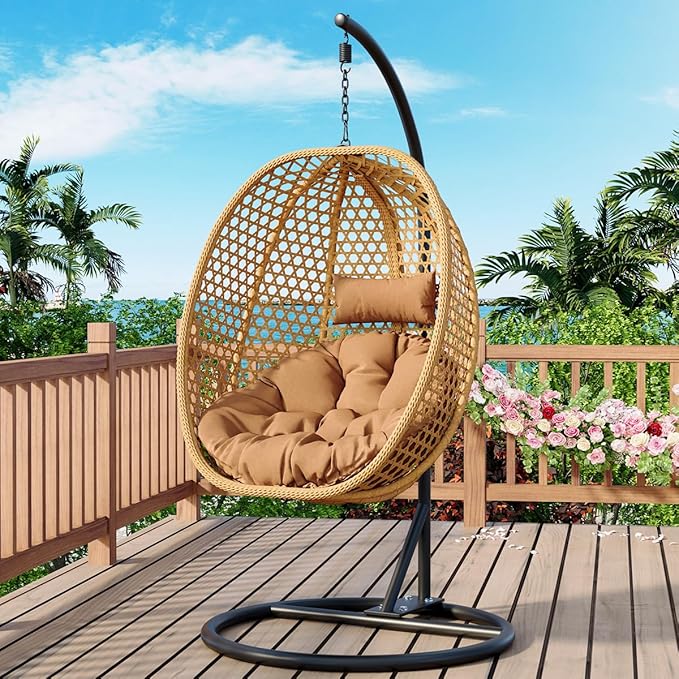 JUFU Egg Swing Chair Indoor Outdoor, Hanging Egg Chair with Aluminum Steel Frame, Patio Egg Chair with Removable Cushions, 350 lbs Capacity