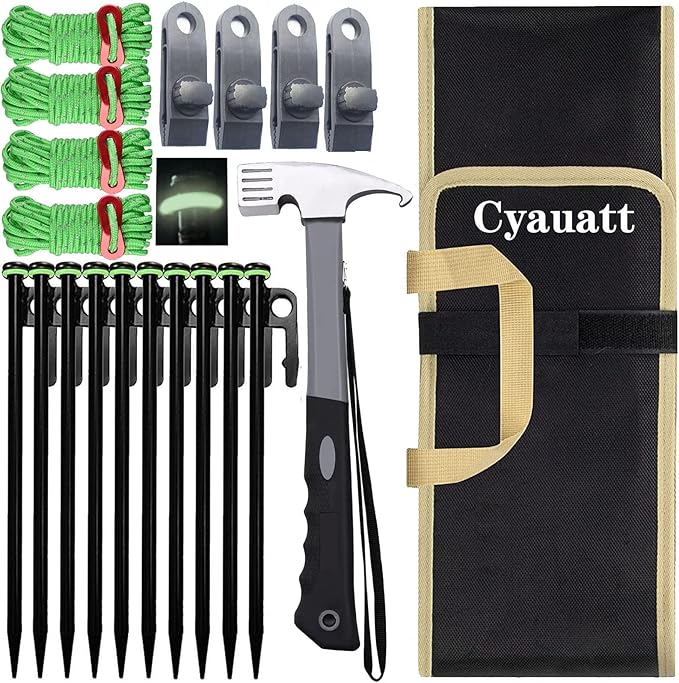 10 Pcs Heavy Duty Tent Stakes and Camping Hammer Set,10in Metal Tent Stake for Lawn,Ground and Beach,Camping Tent Kit with Tent Stakes,Hammer, Reflective Rope,Tent Clamps and Storage Bag