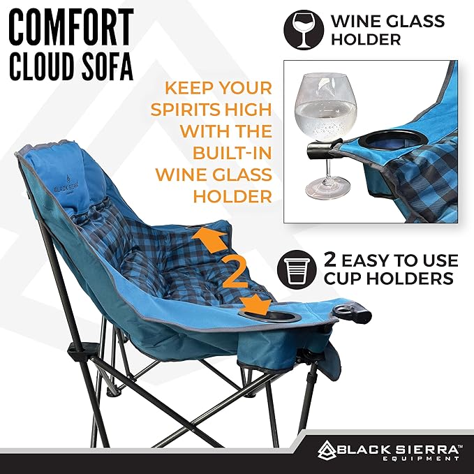 Black Sierra Double Camping Chair for Adults, Oversized Folding Loveseat Supports 600 lbs, Plush Padded Outdoor Couch with Cup Holders and Carry Bag for Beach, Patio, RV, or Tailgating Events