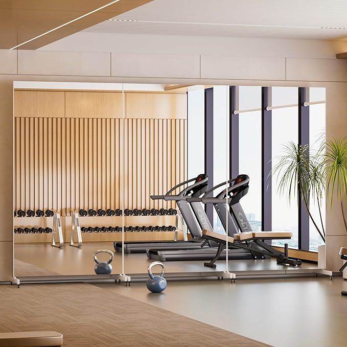 brisafe Home Gym Mirror 360° Swivel on Wheels, 75" X 43" Extra Large Nano Film Super Lightweight Unbreakable Full Length Mirror for Yoga Room, Dance Studio（ White）