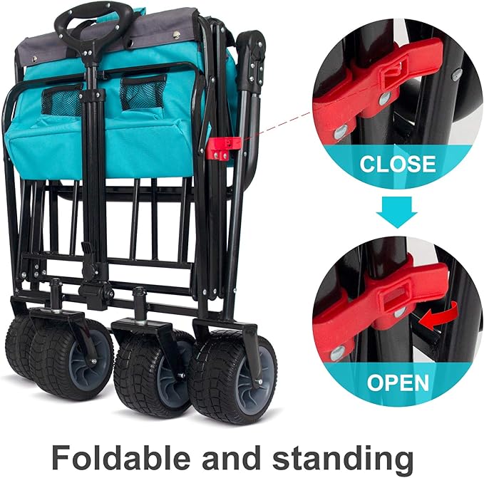 Folding Utility Wagon | Heavy-Duty Collapsible Cart with Brakes & Adjustable Handle | for Gardening, Beach Trips, Camping, Shopping & Outdoor Transport (Turquoise/Grey)