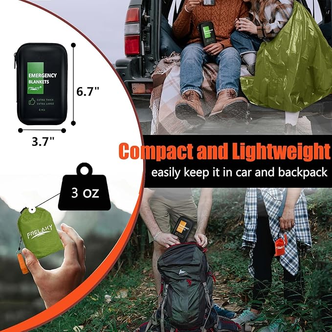 Frelaxy Emergency Blanket 2-Pack/4-Pack, Extra-Thick Extra-Large Space Blankets with Whistles, Storage Pouchs, and EVA case, 83" x 60"