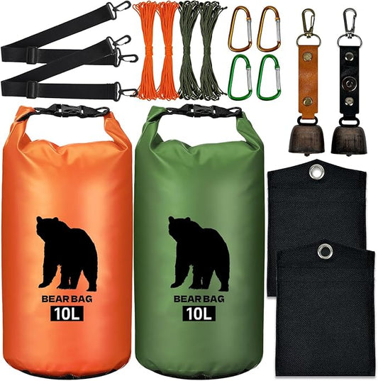 2 Pcs 10L Waterproof Bear Bags with 4 Nylon Ropes, 4 Clips & 2 Rock Pockets & 2 Small Warning Bells for Hanging Food securely. Ultralight Camping Food Bag System.