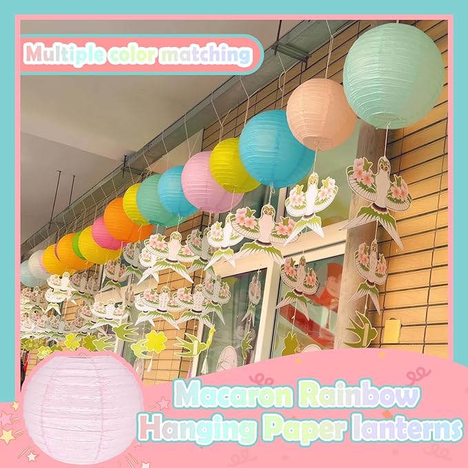 12Pcs 10" Colorful Pastel Paper Lanterns for Classroom Spring Children's Room Mother's Day Baby Shower Wedding Birthday Party Decorations, Macaron Rainbow Pastel Classroom Decor (10 inch)