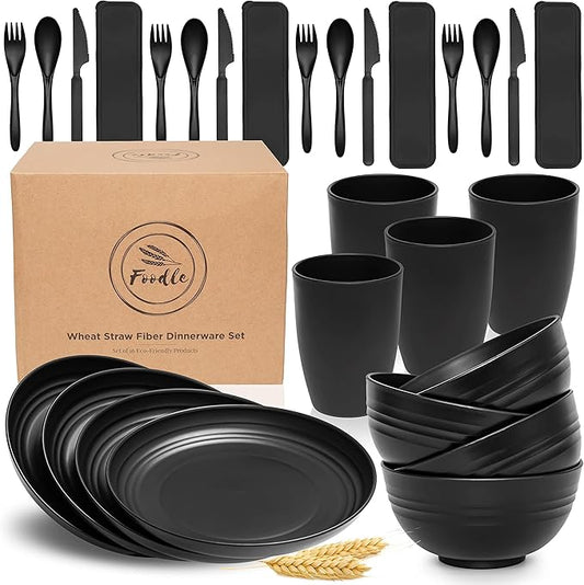 FOODLE Wheat Straw Dinnerware Set - BPA Free & Safety Tested - Microwave & Dishwasher Safe - Alternative to Plastic Dishes - Perfect for Outdoor, RV, Dorm - Camping Plates Cups and Bowls Set - For 4