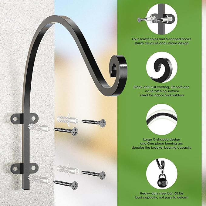 6Pack Heavy Duty Wall Hanging Plant Hanger Hook, 12Inch Black Metal Outdoor and Indoor Bracket for Hanging Flower Pot, Bird Feeder, Lanterns