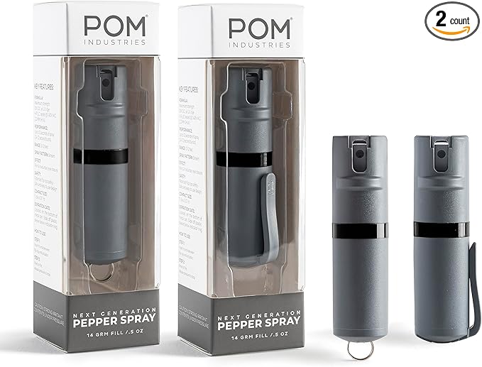 POM Pepper Spray Combo Pack, Keychain & Clip Model, Max Police Strength OC Formula, Quick Key Release, Flip Top Safety, 10 ft Range, 25 Bursts, 0.5 fl oz, Compact Tactical Design for Everyday Carry
