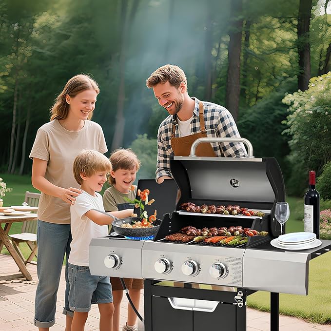 3-Burner Propane Gas BBQ Grill with Side Burner, Porcelain-Enameled Cast Iron Grates and Side Tables, 40,500 BTU Stainless Steel Grill for Outdoor Camping Barbecue Grilling Backyard Cooking