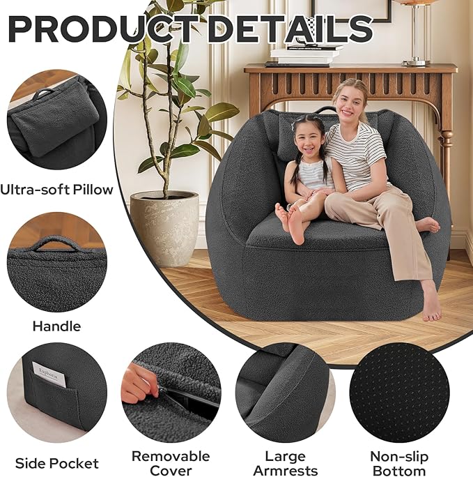 HABUTWAY Inflatable Bean Bag Chairs for Adult Blow up Chair Portable Inflatable Bean Bag Couch w/Electric Air Pump,Handle & Side Pocket for Movie Night Reading Gaming Living Room - Dark Grey