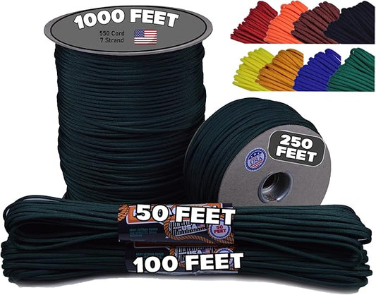 BORED? PARACORD! 550 lb Paracord - Ideal for Crafting, Camping, DIY Projects, Active & Military Outdoors - Strong Survival Rope - Tactical Parachute Cord Type III - Hunter Green 1000 Feet
