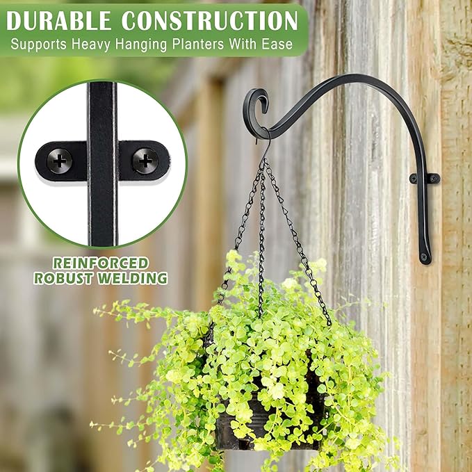 AJART Hanging Plant Hanger Outdoor: 12-Inch Bird Feeder Wall Hooks - Black Metal Plant Bracket Hook for Hanging Flower Baskets