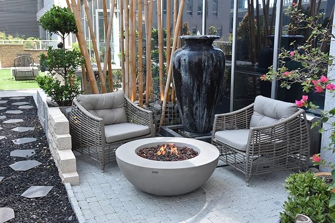 Elementi Lunar Bowl Fire Pit Bundle Outdoor Firepit Set Includes 42” Natural Gas Concrete Firepit, Glass Windscreen, Stainless Steel Cover, Canvas Cover, Floor Mat, Ice Bucket