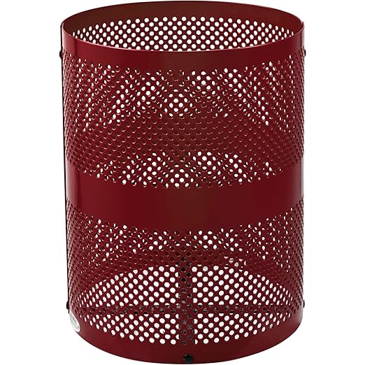 Global Industrial 32 Gallon Outdoor Perforated Steel Round Trash Can with Rain Bonnet Lid, Plastic Liner and Anchor Kit Included, 23-1/2" Diameter x 40-1/2"H, Red