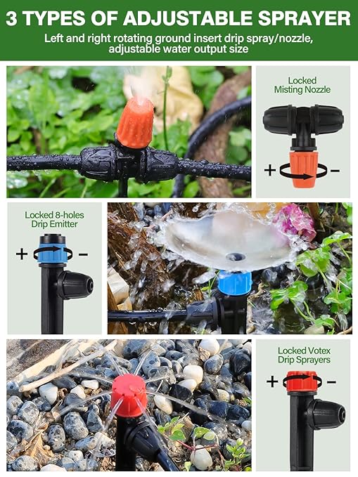 150FT Automatic Drip Irrigation Kit with Lawn Sprinkler, Kalolary 1/4" 1/2" Garden Watering System with 4/7mm 16mm Tube Locked Drip Irrigation Emitter Fittings Adjustable Sprinkler System for Outdoor