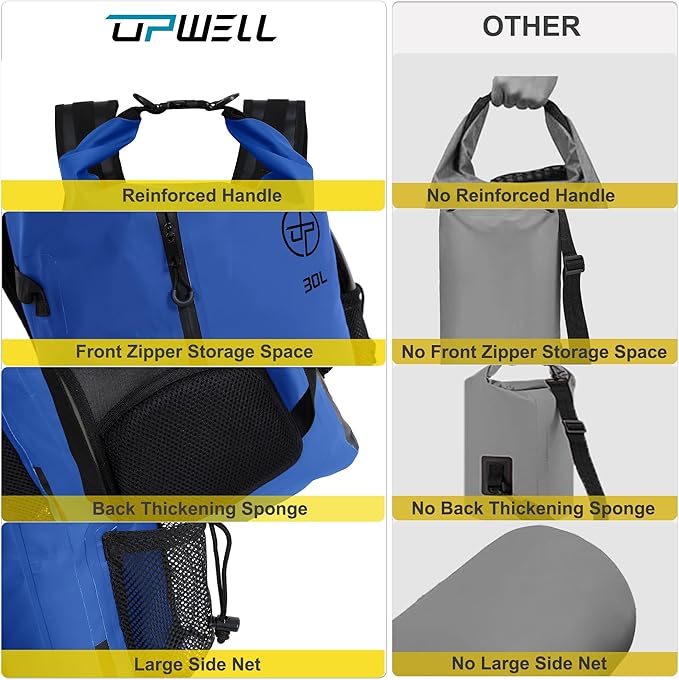 UPWELL 30L Waterproof Dry Bag Boating Backpack for Travel Hiking Camping Kayaking Hiking Swimming Floating Submersible Dry Bag blue