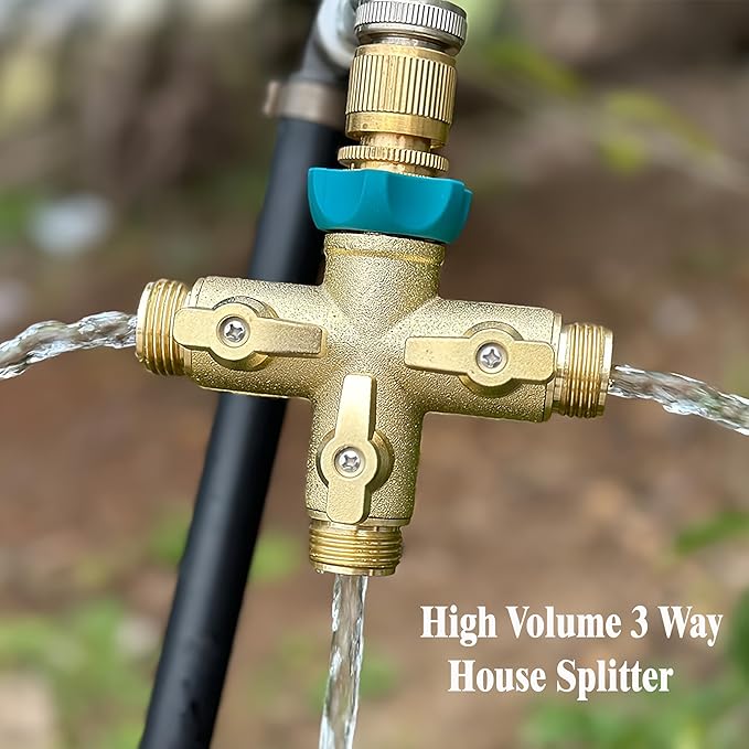 Brass High Flow 3 Way Hose Splitter Valve with Metal Handle, Heavy Duty High Flow Spigot Splitter with Shut off Valve, 3/4 Inch Garden Tap Splitter,6 Extra Rubber Hose Washers Included
