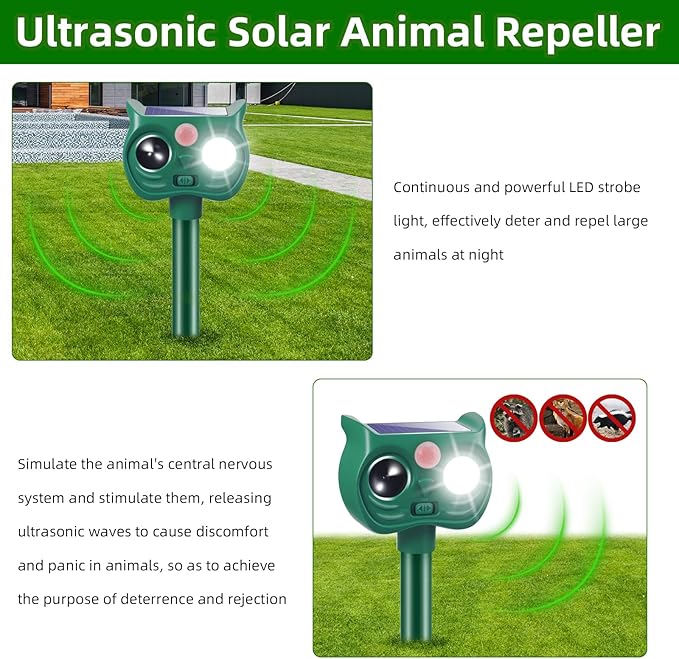 4Pack Solar Ultrasonic Animal Repellent, Cat Repeller Outdoor, Waterproof Deer Deterrent Devices with Motion Sensor to Scare Squirrel Rabbit Raccoon Skunk with White&Red LED Flash Lights for Yard