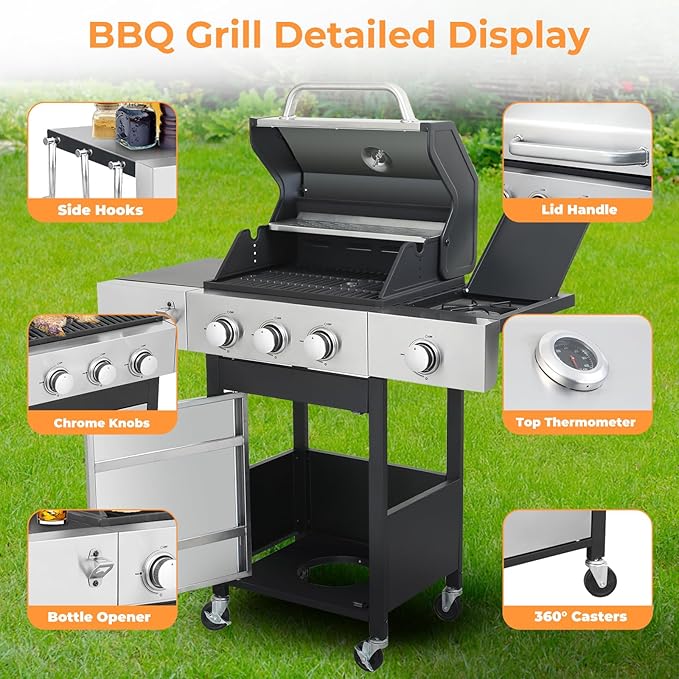 3 Burner Gas Grill with Side Burner, Dual-sided Frying Plate, Thermometer, Wheels, Side Tables, Stainless Steel Burner, 37,230 BTU Outdoor Grill for Patio, Garden, Balcony