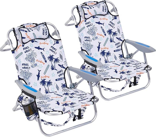 2 Pack Lightweight Portable Camping Beach Chair for Adults, Outdoor Lay Flat Folding Chairs, Backpack Chair with Towel Bar, Cooler Pouch, Cup Holder, White Geometry