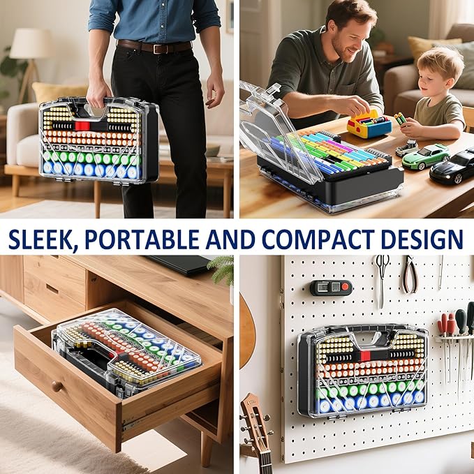 Battery Organizer Storage Case, Battery Storage Holder Organizer Box with Tester - 285 Batteries Double-Sided Variety Pack, Holds AA AAA 4A C D Cell 9V 3V Lithium LR44 CR2 CR123 CR1632 18650 Button