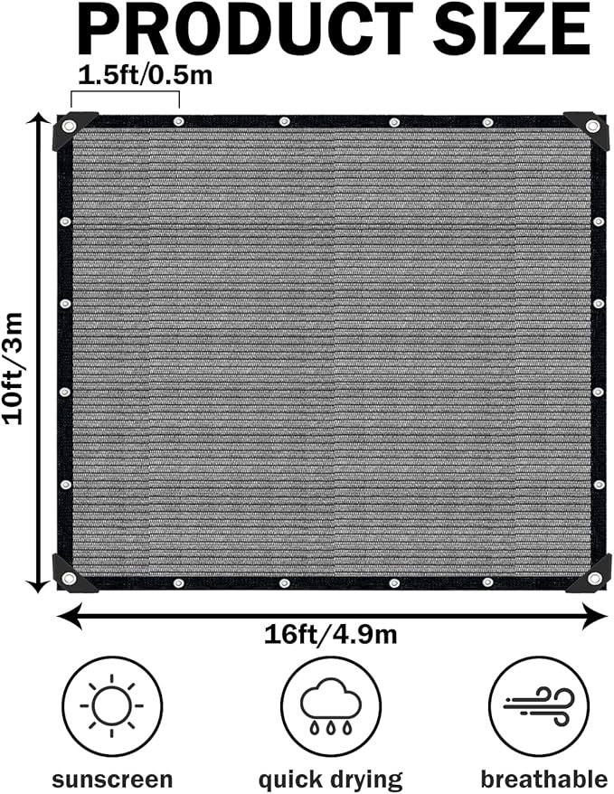 Grey Sun Shade Cloth,Pergola Shade Cover with Reinforced Grommets,90% Shade Fabric Fence Privacy Screen Balcony,Pergola Canopy Garden Carport Porch Deck Patio Shade Cover,10x16FT