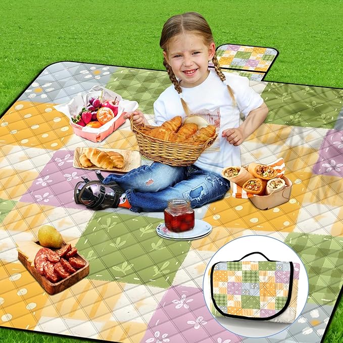 Extra Large Picnic Blanket Waterproof,80"x 80"Foldable Machine Washable Beach Blanket,Outdoor Blanket for 6-8 Adults,Suitable for Indoor Crawling,Park Beach,Camping,Hiking,Family Travel(Colorful)