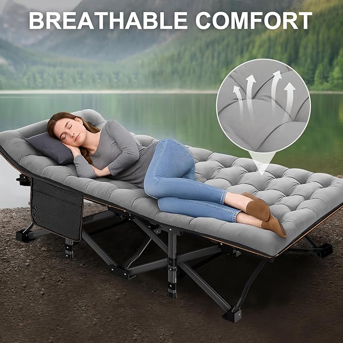 ABORON 2 Pack Folding Camping Cot W/Mat for Adults, Heavy Duty Outdoor Bed with Carry Bag,1200 D Layer Oxford Travel Camp Cots