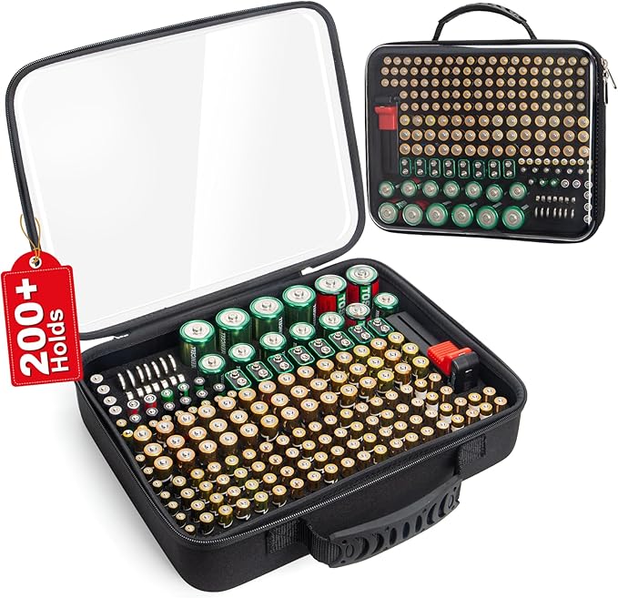 Battery Organizer Storage Case with Tester,Stores & Protects Up to 200+ Batteries, Clear Cover with Easy Carry Handle, Garage Gadget Organization Holds AA AAA C D 9V