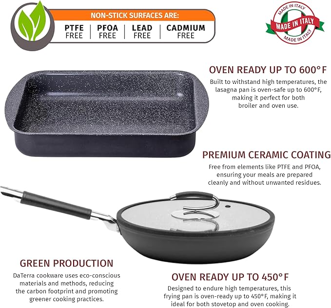 DaTerra Cucina Nonstick Ceramic Frying Pan (11") & Roasting Pan (16.1"x11.7"x2.7") Bundle - Oven Safe, Stovetop Compatible, PTFE & PFOA Free, Volcanic Black, Made in Italy