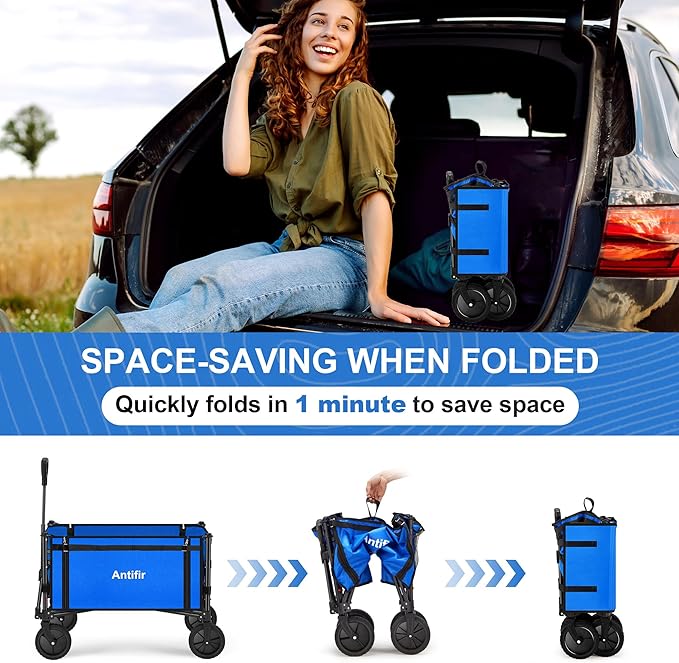 Collapsible Wagon Carts,Folding Wagon Cart with All Terrain Wheels,Heavy Duty Garden Carts with Adjustable Handle,Outdoor Utility Wagon for Camping Shopping Sports Fishing（Blue）