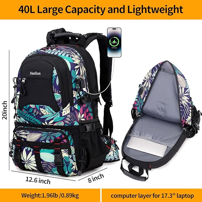 Nerlion 40L Hiking Backpack Travel Backpack for Men Women Camping Waterproof Outdoor Hiking Daypack Lightweight Backpack (Blue Leaves)