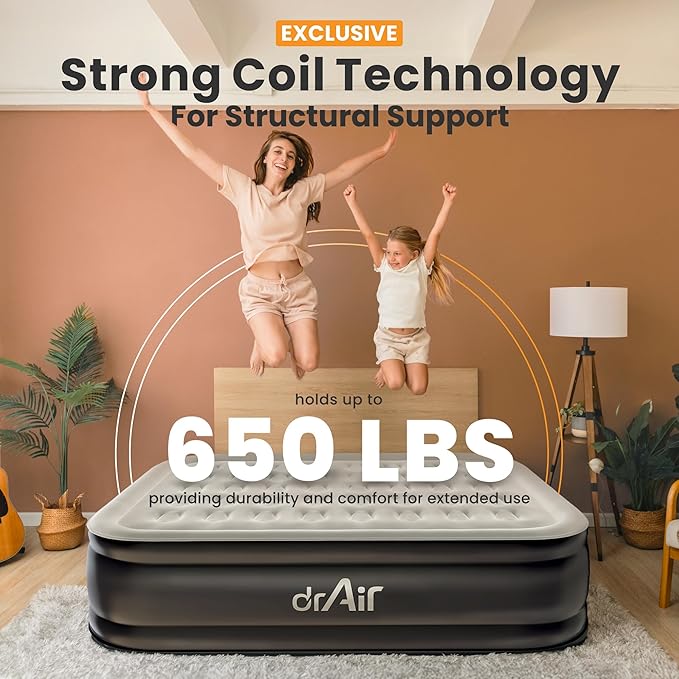 Queen Air Mattress, 18” Raised Inflatable Bed with Built-in Pump, Waterproof Velvety Top, Ergonomic Design, Reinforced Support, and Carry Bag for Home, Camping, and Guests