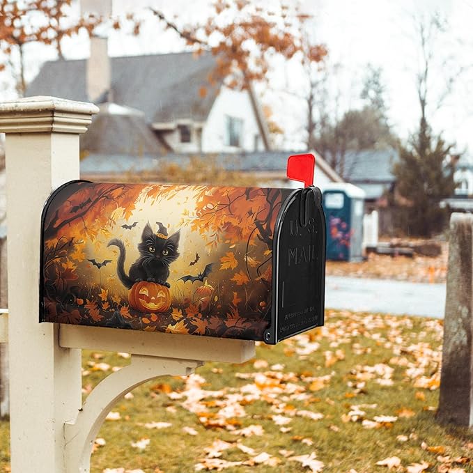 Halloween Cat Magnetic Mailbox Covers Spooky Kitten Pumpkin Waterproof Letter Box Cover Large Size Fall Maple Leaf Forest Bat Decorative Holiday Post Wraps for Home Garden Yard Outdoor 25.5x21 Inch