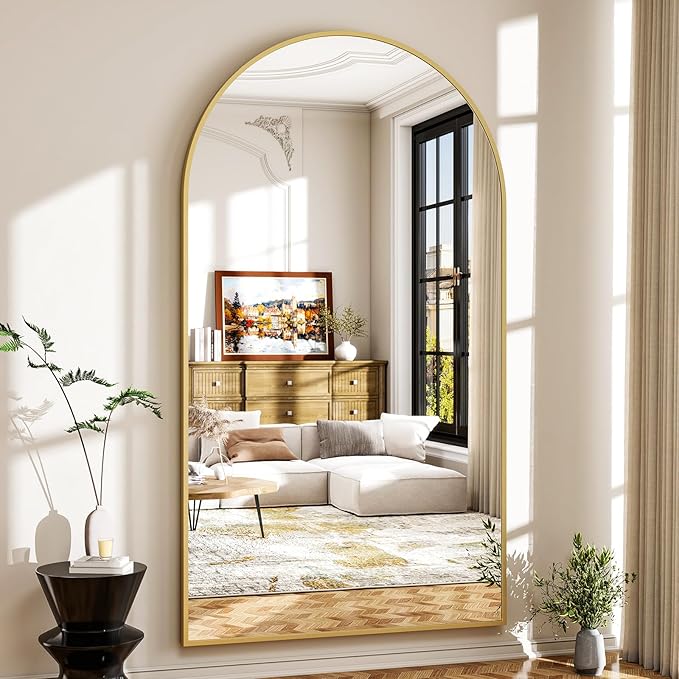 46"x76" Arched Full-Length Mirror, Oversized Floor Mirror with Stand, Freestanding or Wall-Mounted Full Body Mirror for Living Room, Bedroom, or Cloakroom, Gold