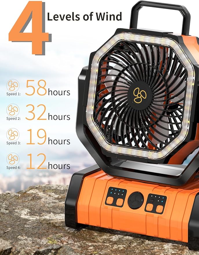 Battery Operated Fan Portable Battery Powered Camping Tent Fan with LED Lantern Light 20000mAh Rechargeable, Oscillating, 360° Rotating Hanging Hook, Cordless for Desk, Travel(Orange)