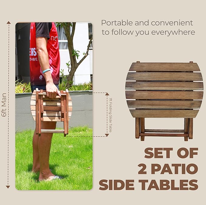 2PCs Folding Side Tables, Waterproof Patio Foldable End Table, Portable Side Table for Indoor and Outdoor Garden, Porch, Balcony, Camping, Fishing, Walnut Color, Small Size 12 inch Height
